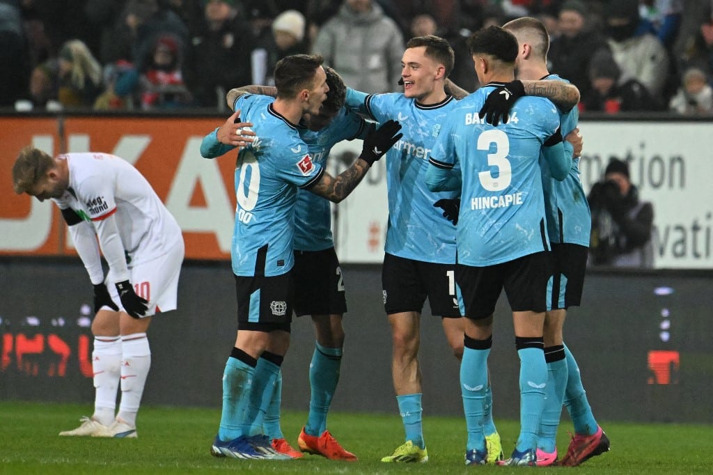 Bayer Leverkusen Players Celebrate vs FC Augsburg