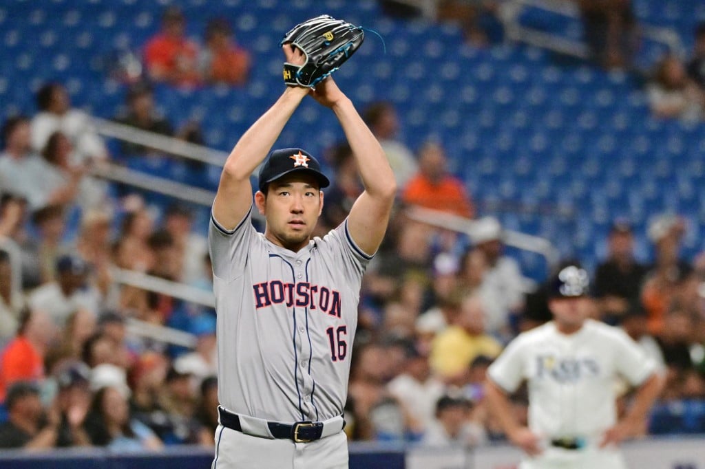 Yusei Kikuchi #16 of The Houston Astros Reacts in The First Inning Against the Tampa Bay Rays