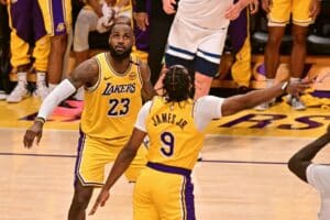 Bronny James and Lebron James Los Angeles Lakers